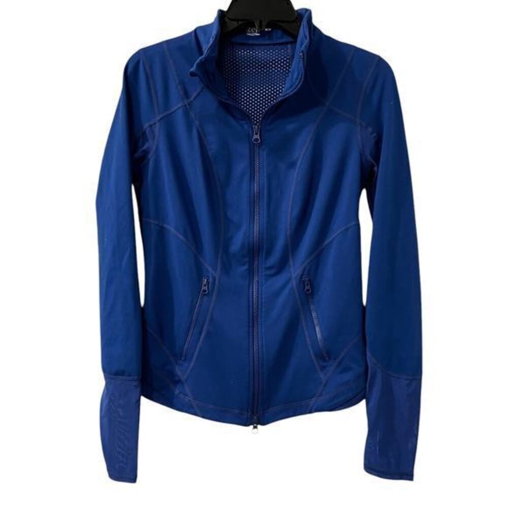 Zella  Woman’s Textured Cobalt Blue Double Zip Thumbholes Sheer portion jacket M